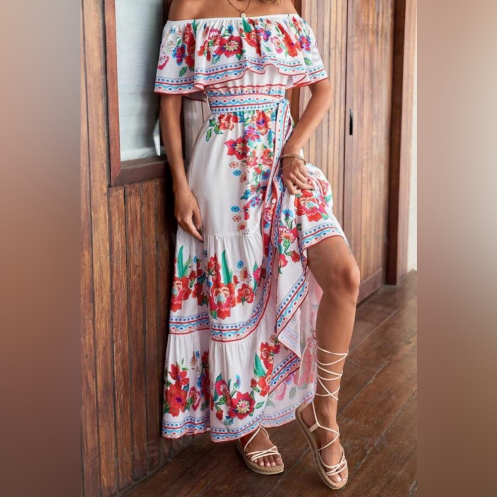 Women’s Boutique Floral Print off the shoulder Ruffle Hem Belted Dress. XL. NWOT - Picture 6 of 8